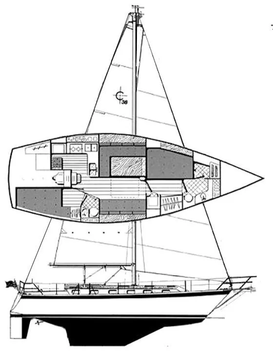 Slide: The Image of 1989 Caliber 38 sailboat layout, interior and exterior view. - 1