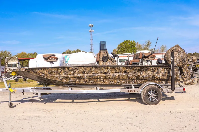Slide: The Image of 2026 Excel 203 Bay Pro Elite boat with camouflage design on a trailer. - 8