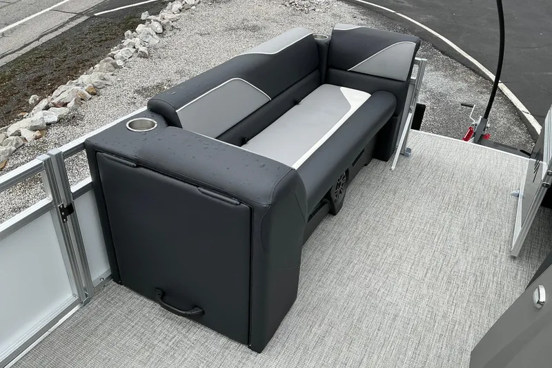 Slide: The Image of 2026 Avalon Venture 23 Quad Lounge with sleek seating and modern design on a pontoon boat. - 11