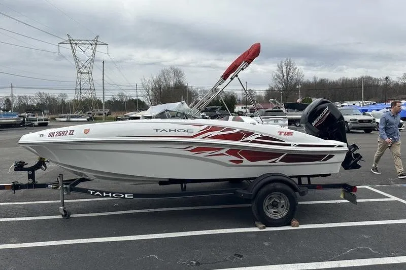 Slide: The Image of 2021 Tahoe T16 boat on trailer in parking lot, overcast sky. - 7