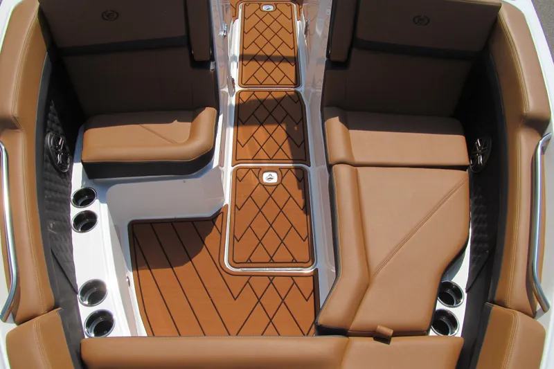 Slide: The Image of Luxurious interior of 2026 Cobalt R8 boat with brown seating and stylish flooring. - 15