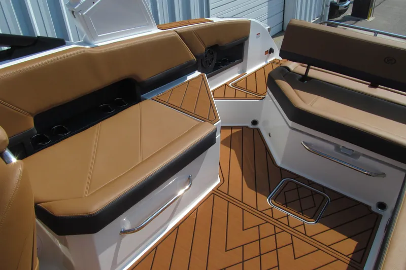 Slide: The Image of Luxurious interior of 2026 Cobalt R8 boat with tan seating and stylish flooring. - 19