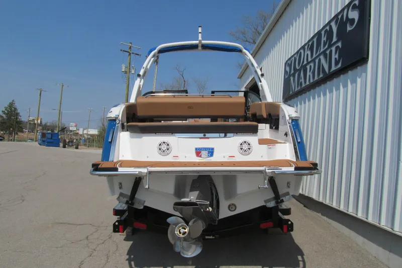 Slide: The Image of 2026 Cobalt R8 boat at Stokley's Marine, rear view with propeller and seating. - 4