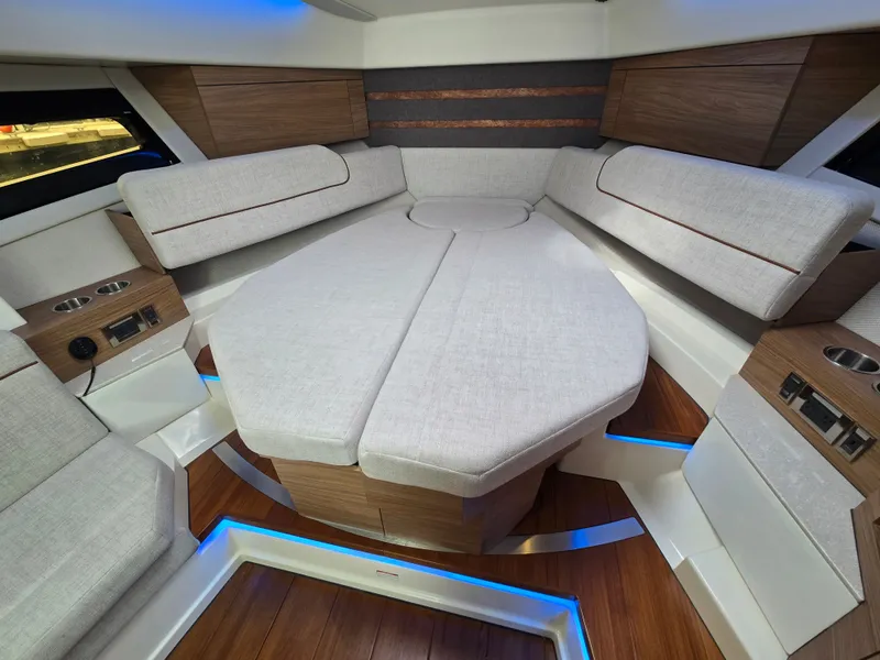 Slide: The Image of Interior of 2026 Boston Whaler 365 Conquest with luxurious seating. - 39