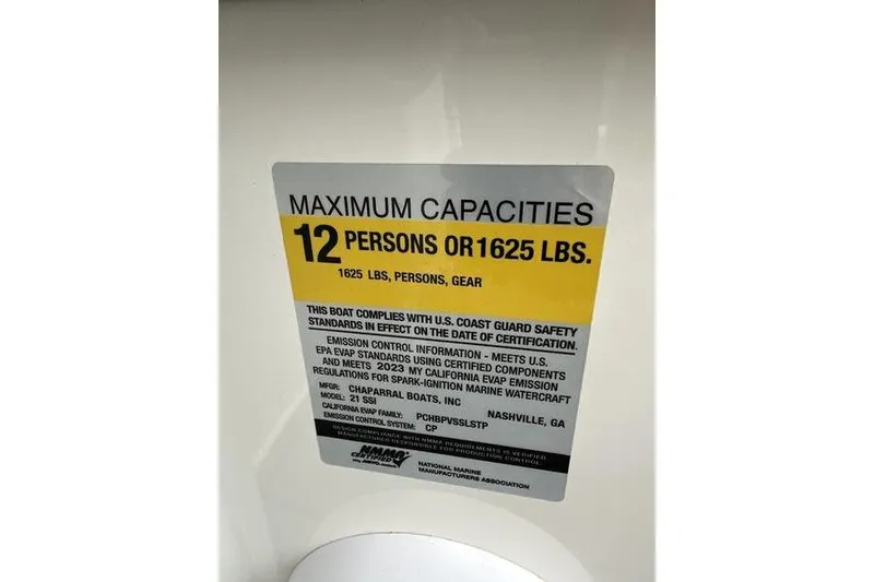 Slide: The Image of 2023 Chaparral 21 SSi capacity label: 12 persons or 1625 lbs maximum load. - 19