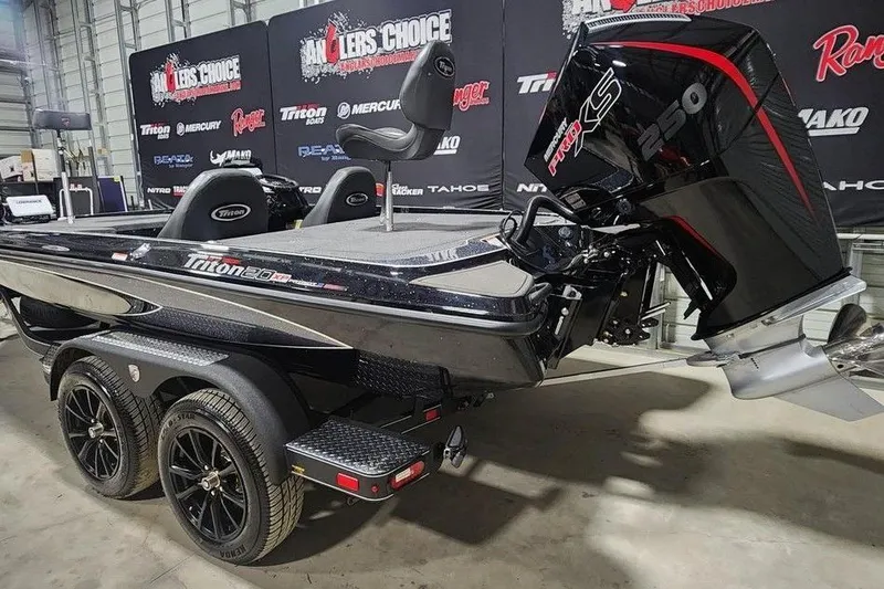 Slide: The Image of 2026 Triton 20XP Patriot boat with powerful engine, showcased indoors. - 3