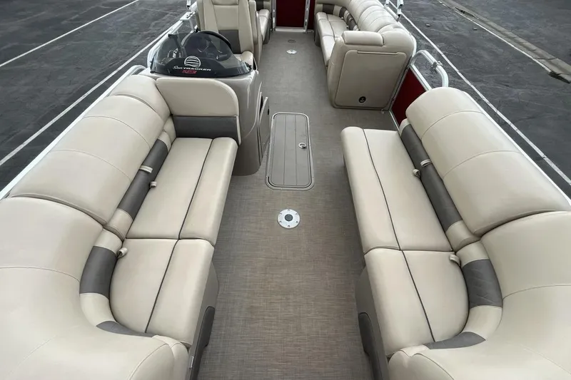 Slide: The Image of 2021 Sun Tracker Party Barge 22 XP3 interior with spacious seating and modern design. - 12