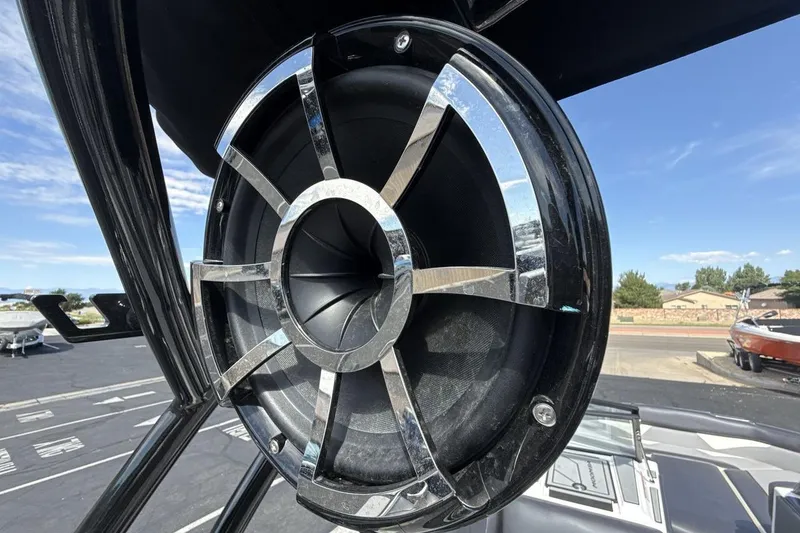 Slide: The Image of Close-up of a 2022 Moomba Makai boat speaker with chrome accents. - 21