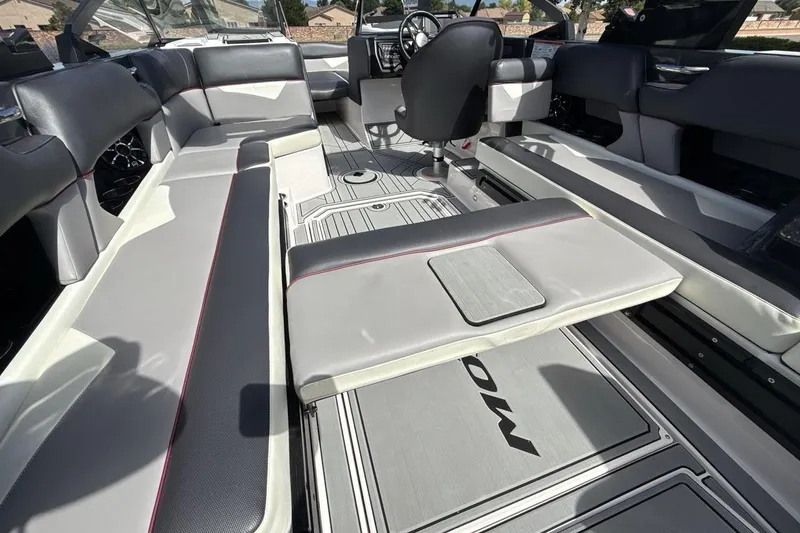 Slide: The Image of 2022 Moomba Makai boat interior with sleek seating and modern design. - 23