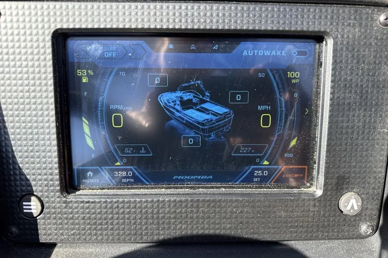 Slide: The Image of Dashboard display of a 2022 Moomba Mojo boat showing speed, RPM, and fuel levels. - 15