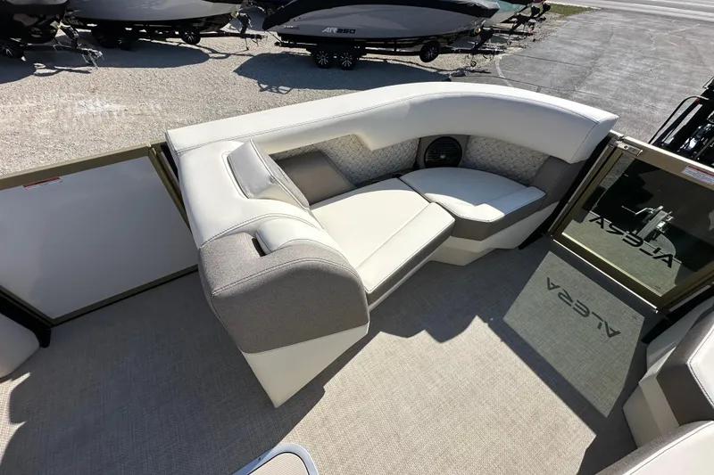 Slide: The Image of Luxurious seating area on 2026 Alera M23Q boat, featuring modern design and comfortable upholstery. - 21