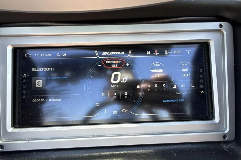 Slide: The Image of Dashboard display of 2023 Supra SE 550 showing speed, Bluetooth, and navigation details. - 15