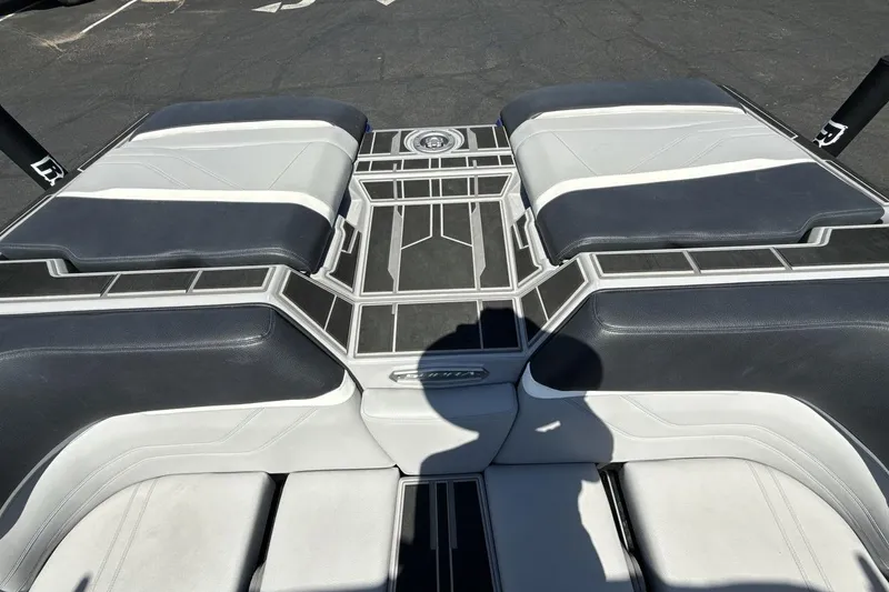 Slide: The Image of 2023 Supra SE 550 boat interior with sleek, modern seating and stylish design. - 19