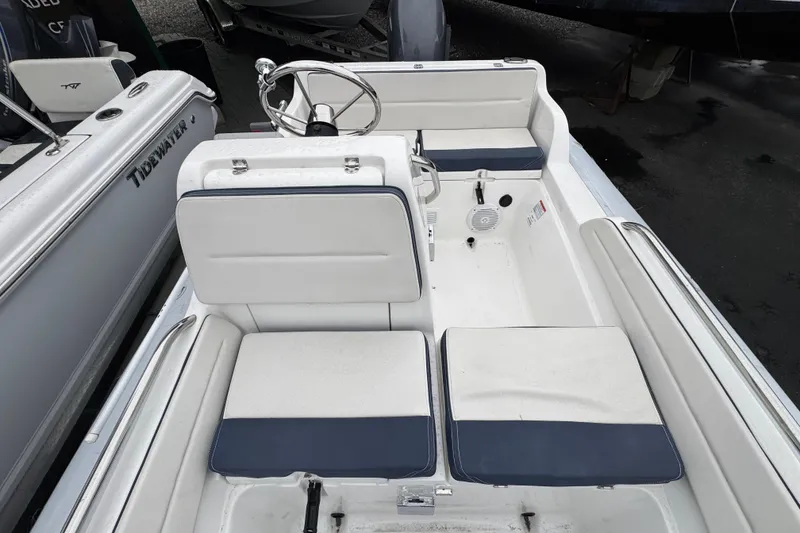 Slide: The Image of 2019 AB Inflatables Nautilus 15 DLX boat interior with white and blue seating. - 15