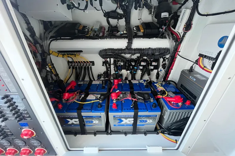 Slide: The Image of Electrical system of a 2022 Freeman 37VH boat with batteries and wiring. - 18