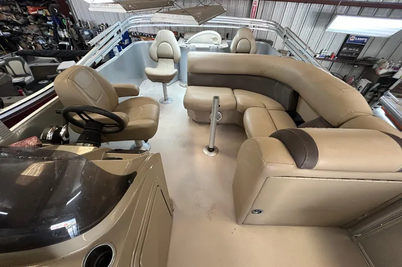 Slide: The Image of Interior of 2021 Sylvan Mirage Fish 820 CNF pontoon boat with beige seating. - 11