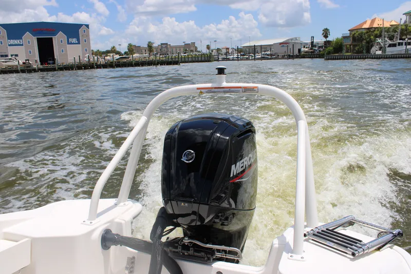 Slide: The Image of Rear view of a Boston Whaler 160 Super Sport with a Mercury engine on a river. - 33