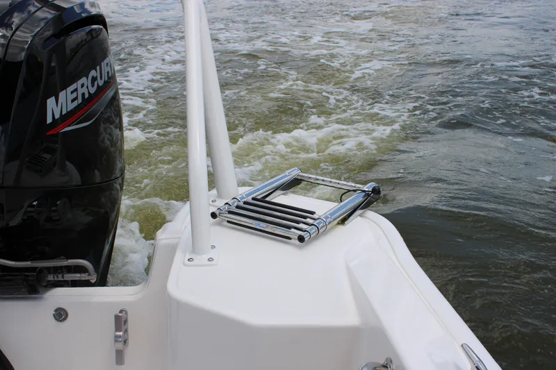 Slide: The Image of The image shows the stern of a Boston Whaler 160 Super Sport with a Mercury engine and swim ladder. - 30