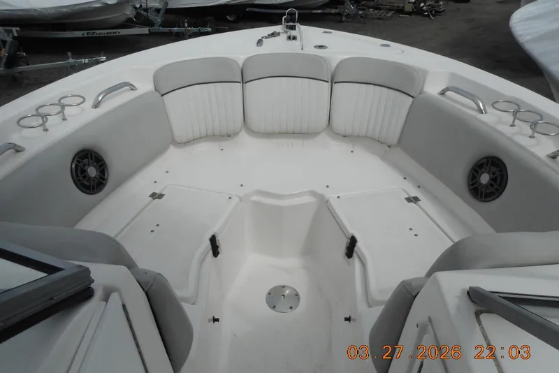 Slide: The Image of Interior of a 2021 Sea Fox 226 Traveler boat with seating and storage compartments. - 14