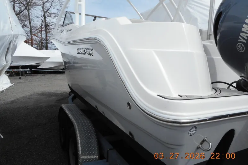 Slide: The Image of 2021 Sea Fox 226 Traveler boat on trailer, featuring Yamaha engine. - 5