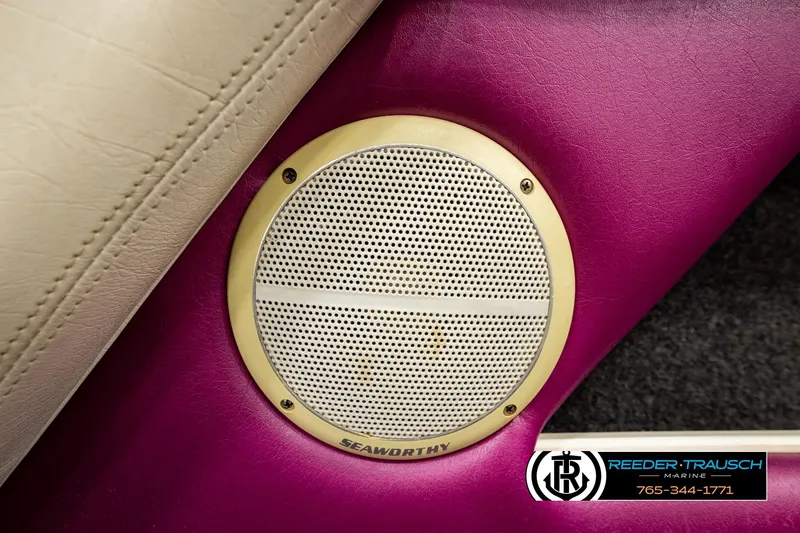 Slide: The Image of Speaker in 1993 American Skier Eagle boat with purple and beige interior, Reeder-Trausch Marine logo. - 41