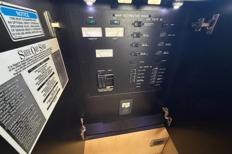Slide: The Image of Electrical panel inside 2002 Sea Ray 480 Motor Yacht, featuring various switches and notices. - 34