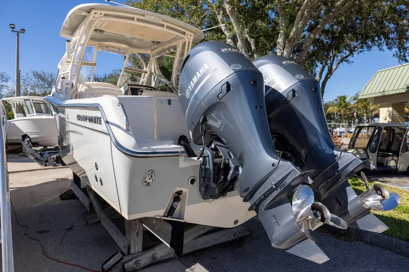 Slide: The Image of 2022 Grady-White Freedom 275 boat with twin Yamaha 200 engines on display. - 3