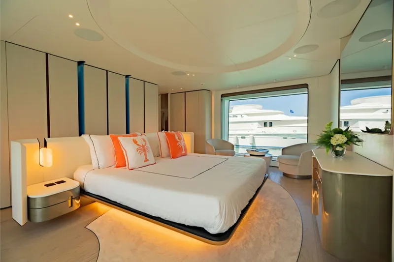 Slide: The Image of Luxurious bedroom on a 2024 Azimut Grande 36M yacht with modern design and large windows. - 35