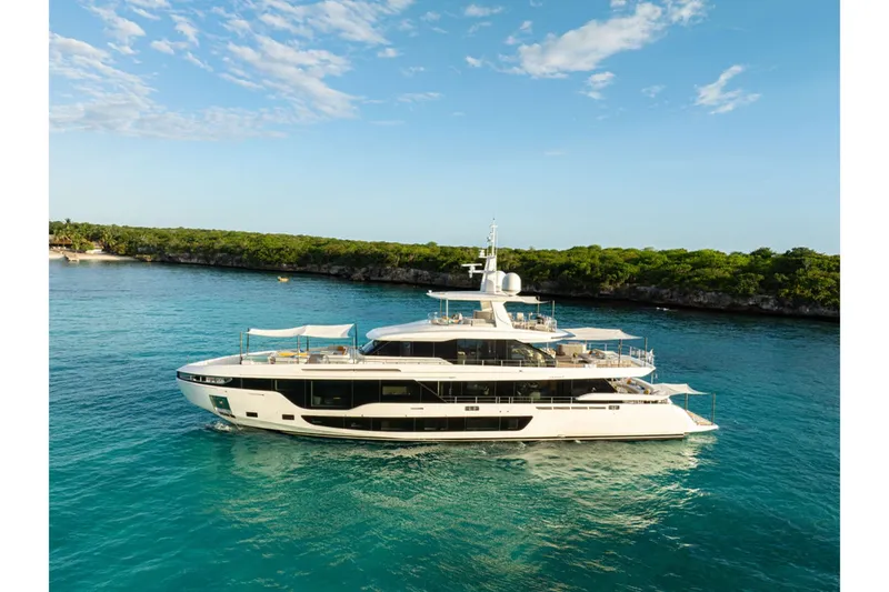 Slide: The Image of Luxury yacht on calm water with multiple decks and sleek white structure. - 0