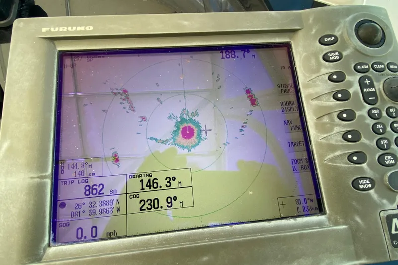 Slide: The Image of Furuno marine radar display on a 2000 Riviera 4000 boat, showing navigation data. - 38