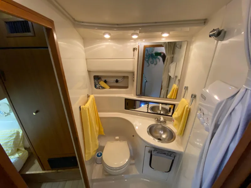 Slide: The Image of 2001 Bayliner 3988 yacht bathroom with sink, toilet, mirror, and yellow towels. - 25