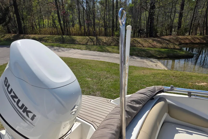 Slide: The Image of 2017 Stingray 191 DC boat with Suzuki outboard motor, parked near a scenic pond. - 13