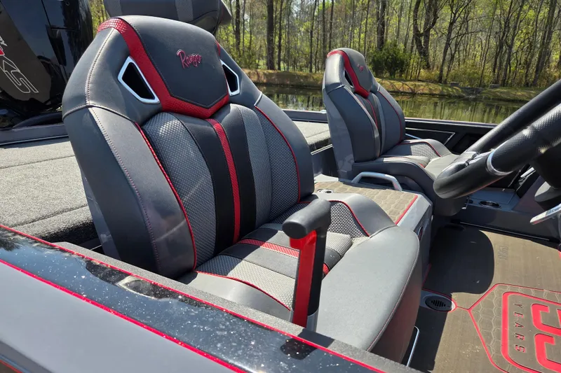 Slide: The Image of 2023 Ranger Z520R 55th Anniversary Limited Edition boat seats with red and gray accents. - 10