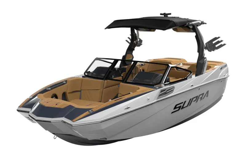 Slide: The Image of Manufacturer Provided Image: 2025 Supra SA boat with sleek design, black canopy, and tan interior. - 9