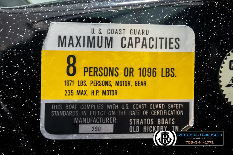 Slide: The Image of 1992 Stratos 290 Ski-N-Fish capacity label: 8 persons, 1096 lbs, 235 HP motor. - 46