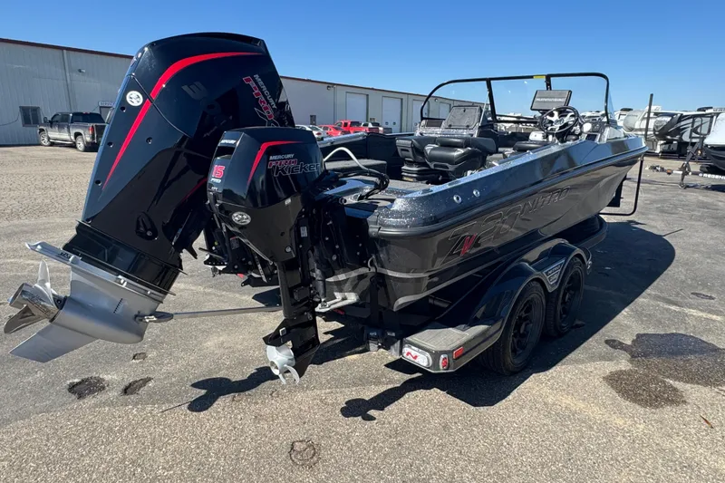 Slide: The Image of 2023 Nitro ZV20 boat with dual Mercury engines on a trailer. - 3