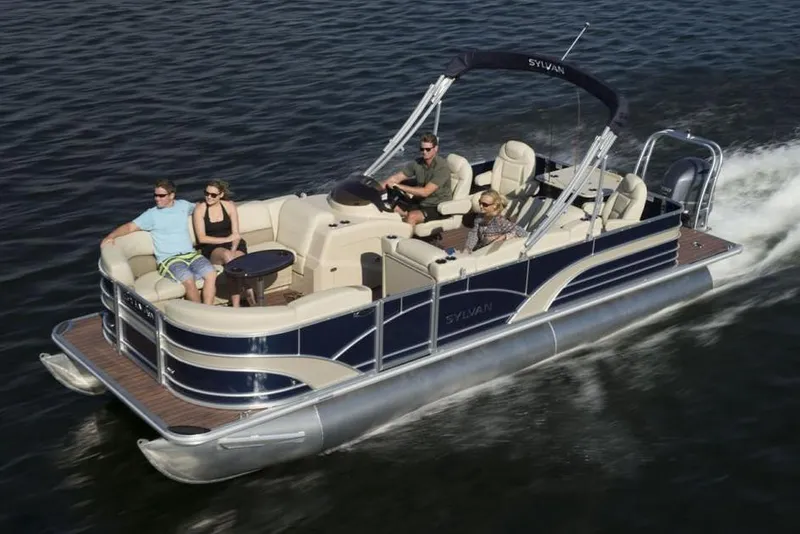 Slide: The Image of Manufacturer Provided Image: 2019 Sylvan Mirage Fish 8520 Party Fish pontoon boat cruising on water. - 15