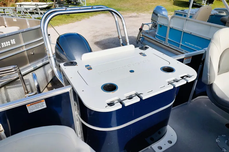 Slide: The Image of 2019 Sylvan Mirage Fish 8520 Party Fish boat interior with fishing station and seating. - 8