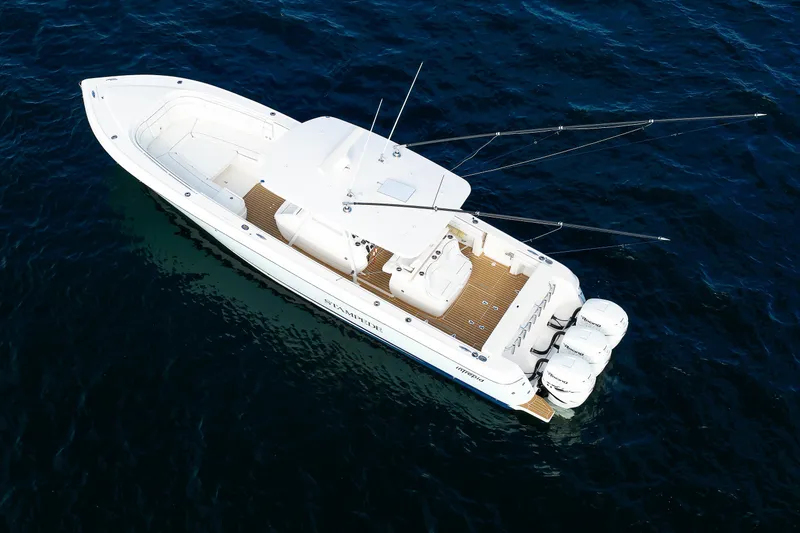 Slide: The Image of Aerial view of 2017 Intrepid 375 Nomad FE boat on open water. - 13