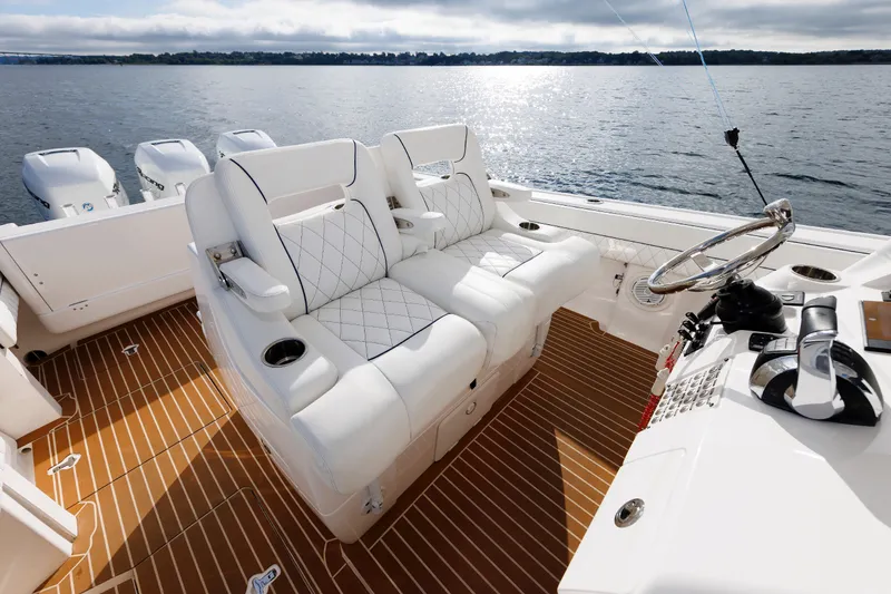 Slide: The Image of Luxurious 2017 Intrepid 375 Nomad FE boat interior with plush seating and sleek design. - 45