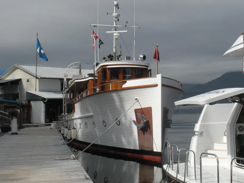 Slide: The Image of 1929 Custom HOFFAR-BEECHING Fantail Yacht docked at marina. - 20