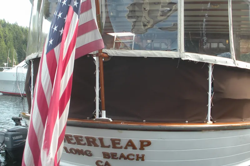 Slide: The Image of 1929 Custom HOFFAR-BEECHING Fantail Yacht with American flag, docked in Long Beach, CA. - 22