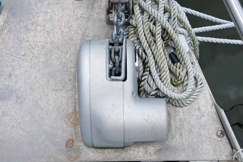 Slide: The Image of Anchor windlass and rope on a 1994 Hunter 30 sailboat deck. - 28