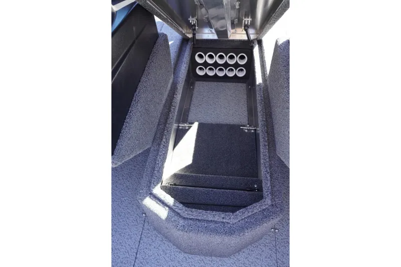 Slide: The Image of 2026 Lowe Fishing Machine 1775WT rod storage compartment with multiple rod holders. - 31