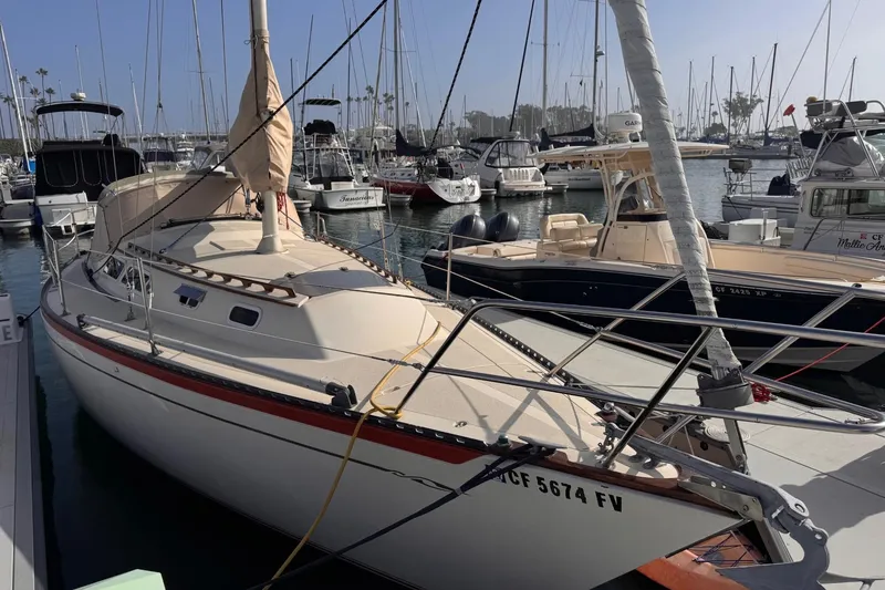 The Image of 1977 Islander 32 sailboat docked in a marina, surrounded by other boats. - 0
