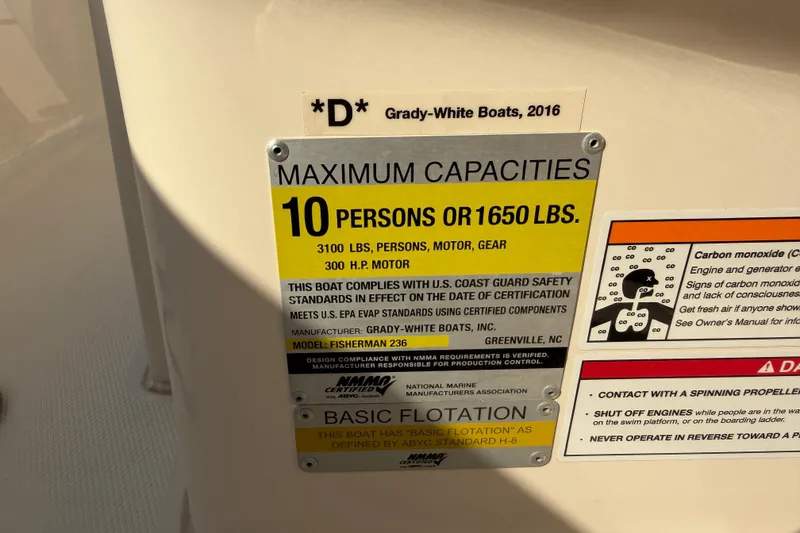 Slide: The Image of 2024 Grady-White Fisherman 236 capacity label, 10 persons or 1650 lbs, safety compliance. - 37