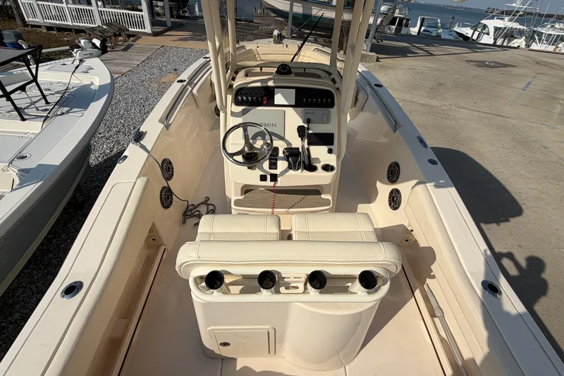 Slide: The Image of 2024 Grady-White Fisherman 236 boat interior with steering console and seating. - 83