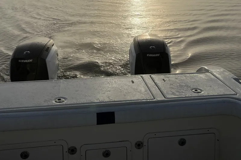 Slide: The Image of World Cat 250 DC boat with dual Evinrude engines on calm water, 2005 model. - 16