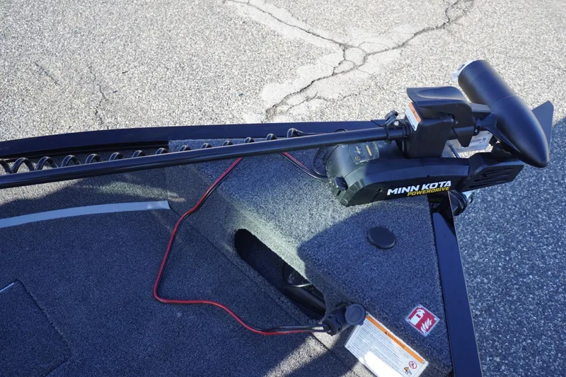 Slide: The Image of Minn Kota PowerDrive motor on 2026 Lowe Fishing Machine 1625WT boat deck. - 27