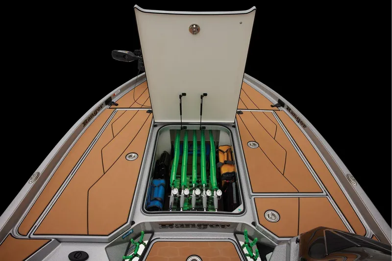Slide: The Image of Manufacturer Provided Image: 2026 Ranger Z520R Ultra boat with open storage compartment, showcasing organized fishing gear. - 22